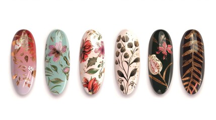 Vintage Floral Acrylic Nails in Retro Muted Colors - Digital Illustration of Classic Nail Art Design