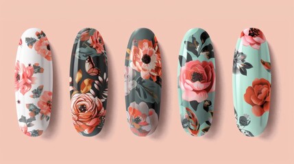Vintage Floral Acrylic Nails: Retro Muted Colors in Digital Illustration Style