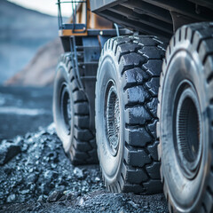 Close-up of a Massive Mining Truck Hauling Ore, Highlighting Heavy-Duty Tires and Robust Construction, Showcasing Power and Durability in the Mining Industry