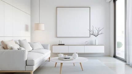 Fototapeta premium Modern minimalist living room with white decor, stylish furniture, large window, and blank art frame for home inspiration.