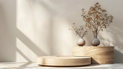 Modern Wooden Podium Product Stand Display with Minimalist Design and Natural Textures for Retail Merchandising