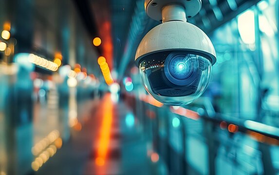 Close up modern CCTV security camera in a public area.