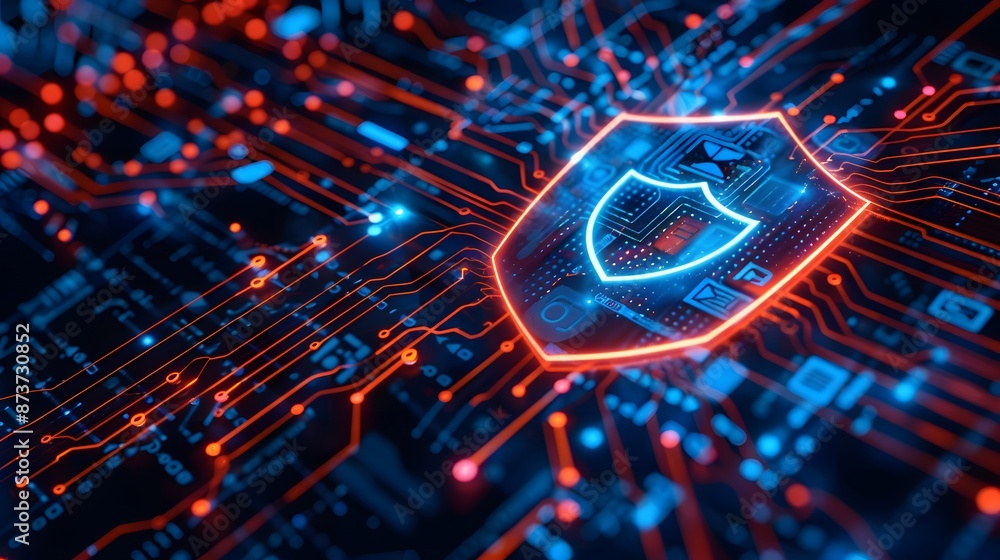Poster firewall protection shield, firewall protecting a network from malicious software and cyber attacks.