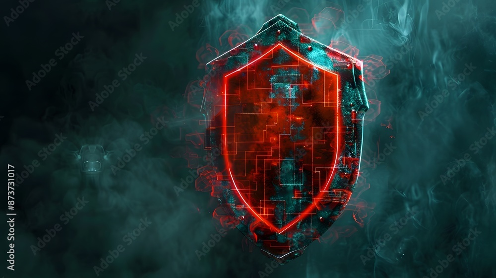 Poster firewall protection shield, firewall protecting a network from malicious software and cyber attacks.