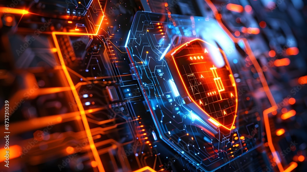 Poster firewall protection shield, firewall protecting a network from malicious software and cyber attacks.