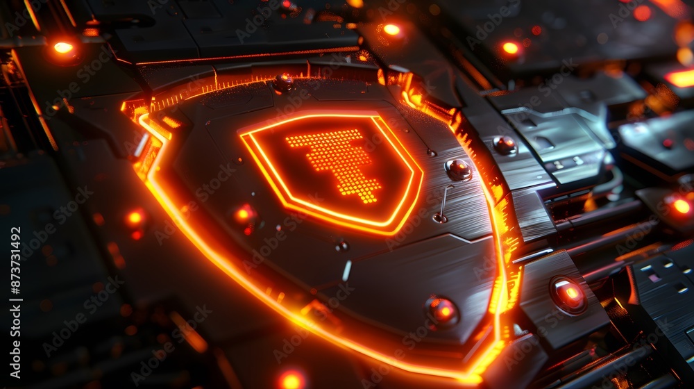 Poster firewall protection shield, firewall protecting a network from malicious software and cyber attacks.