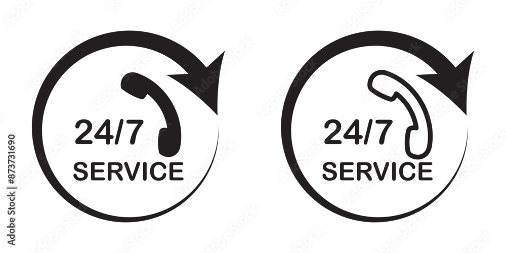 Poster 24 7 emergency call services vector line icon, 24h call assistance vector logo symbol in black fille