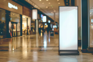 blank empty roll up mockup poster stand in an shopping center or mall environment at restaurant or cafe entrance as wide banner design with blank empty copy space