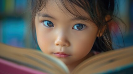 Close up of attractive child reading a book while looking at camera. Elementary student holding fairy tale novel book or bedtime stories with blurring background. Creative activity concept. AIG42. © InfiniteFlow