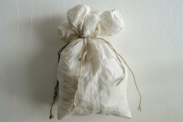 Canvas drawstring pouch tied securely, depicted against a softly textured white backdrop