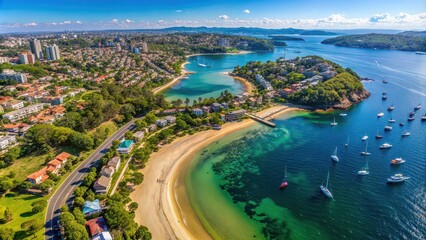 Fototapeta premium A panoramic drone aerial view over Cobblers Bay and Chinamans Beach in Mosman, Northern Beaches Sydney