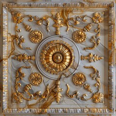 Obraz premium Baroque Classical Abstract Marble Framed Ceiling Art with Ornate Border. Luxury Lavish Decor Victorian Elements with Seamless Pattern Background Texture