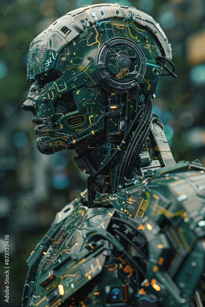 Aufkleber in this surrealistic interpretation, the android's circuit board armor shimmers with a metallic shee