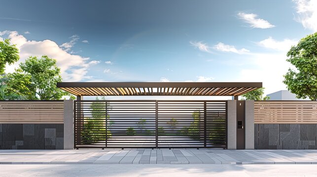 A sleek, minimalist main gate design with horizontal wooden slats and an integrated digital keypad entry system.