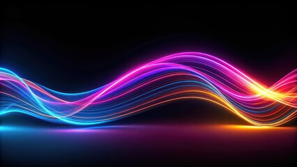 Fototapeta premium Abstract neon wave design on black backdrop, Neon, Wave, Abstract, Blue, Linear, Modern, Background, Graphic, Design, Art