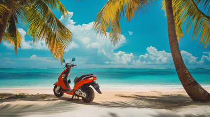 Tropical beach setting: water scooter parked, awaiting the next adventure, against a backdrop of palm trees and turquoise sea, embodying the lifestyle and leisure associated with water scooters.