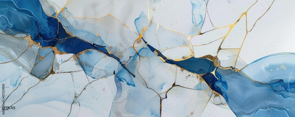 Poster stunning abstract art featuring blue and gold marbling with fluid, dynamic lines and intricate patte
