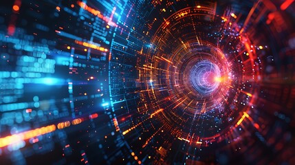 Obraz premium Data Stream Flows Through Futuristic Tunnel with Digital Technology and Information Speed