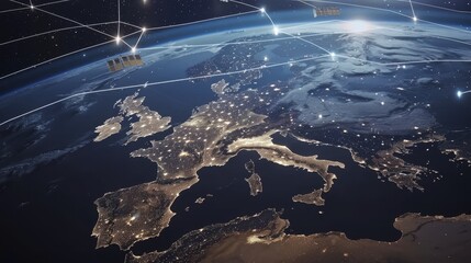 Interconnected satellites creating a network above Europe, celestial backdrop, Earth enveloped in a glowing web, raw detail