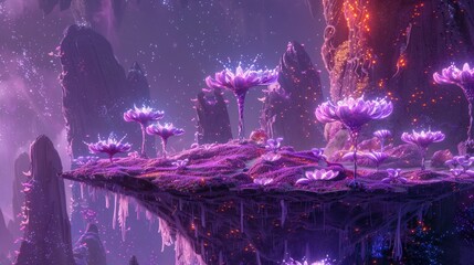 Floating islands of vibrant, living rock held aloft by mystical energy, inhabited by creatures with iridescent wings and luminous eyes.