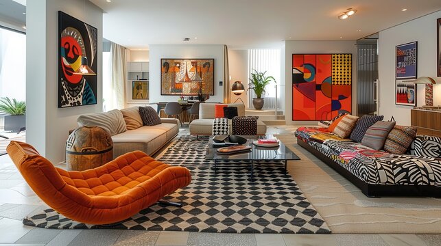 Create a modern living space with eclectic design elements, blending sleek furniture, bold patterns, and vibrant colors for a stylish and unique atmosphere