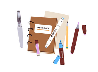 Sketchbook, art book with pens, pencils for sketching. Drawing supplies, notepad, paper sheet. Artistic tools, markers, liners. Creative hobby. Flat vector illustration isolated on white background