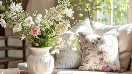 Beautiful bouquet of flowers in vase. Floral arrangement