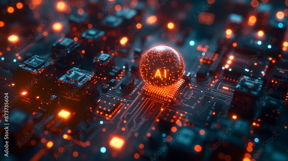 Poster a computer chip with a glowing ball on it. the ball is labeled ai. the image has a futuristic and te