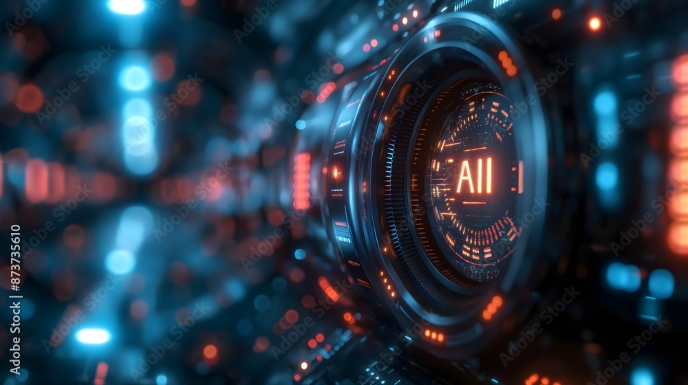 Poster a close up of a glowing blue and orange circle with the letters a and i. the image has a futuristic 