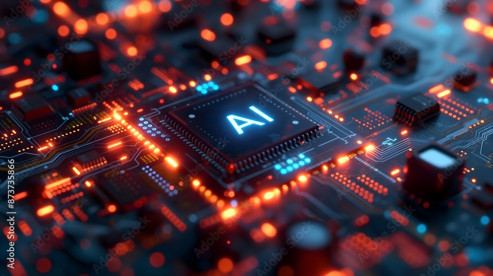 Poster a computer chip with the letters ai on it. the chip is orange and blue.