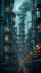 a dark oil refinery with a dark background and a cloudy sky.