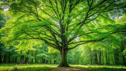 Fototapeta premium Tall green tree with lush leaves in the forest, nature, green, environment, woods, foliage, plant, ecology, outdoor, growth