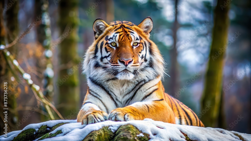 Sticker Captivating low-angle photo of a majestic Siberian tiger in its natural habitat, Siberian tiger, Panthera tigris altaica