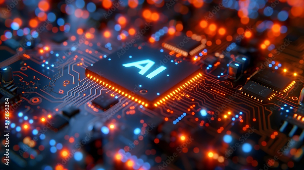 Poster a computer chip with a red dot in the middle. the chip is surrounded by a lot of small dots. ai gene