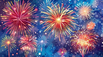 Fototapeta premium Vibrant Fireworks Spectacle in Watercolor Style Illuminating Labor Day Celebration Night Sky