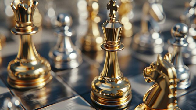 Modern clay 3D rendering of a chessboard with gold and silver pieces, strategy in business theme
