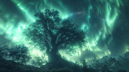 Obraz premium A mythical forest where trees grow upside-down, their roots reaching for the sky amidst a tapestry of swirling, vibrant auroras.