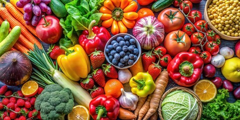 Stock photo featuring a variety of colorful fruits and vegetables rich in vitamins for a healthy lifestyle , nutrition