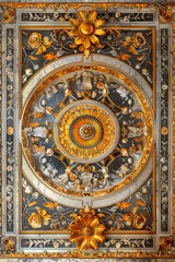 Obraz premium Baroque Classical Abstract Marble Framed Ceiling Art with Ornate Border. Luxury Lavish Decor Victorian Elements with Seamless Pattern Background Texture