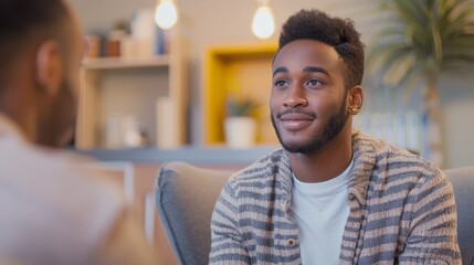 Obraz premium Man, therapist office, talking to therapist, medium shot, warm lighting, professional setting, mental health support, focused mood, natural tones.,