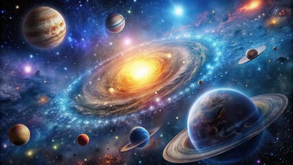 Stunning image of the cosmic system with stars, planets, and galaxies in motion , cosmos, celestial bodies, universe