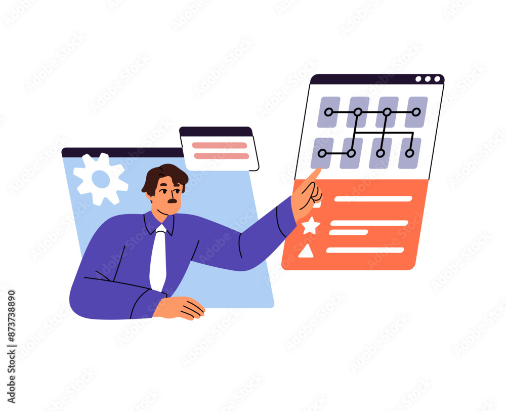 Poster online technical support service concept. employee assists users in setting of phone app. helpdesk w