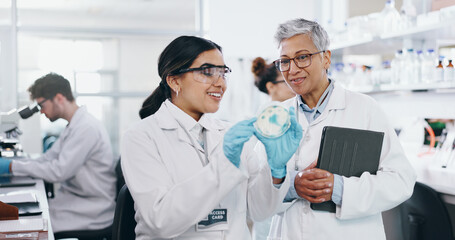 Science, people and talking with petri dish in laboratory for medical research, experiment and...