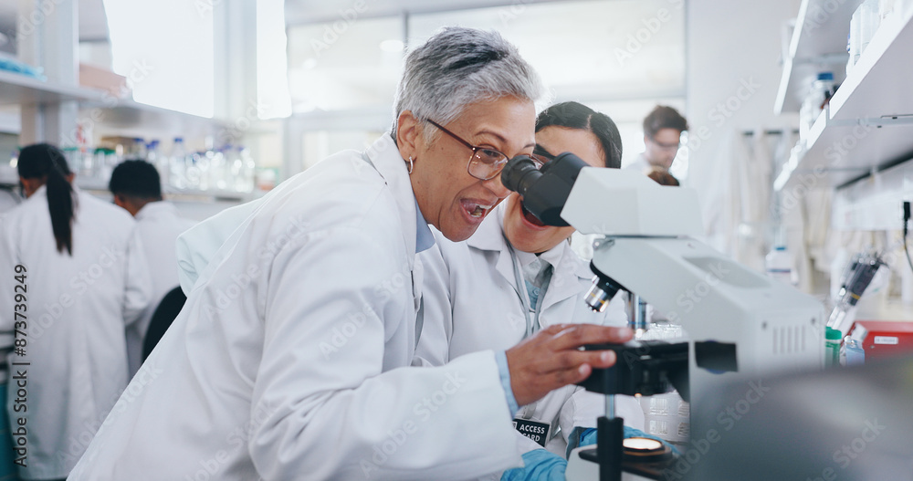 Poster medical, research and people with microscope, science and check experiment for education. mentor, sc