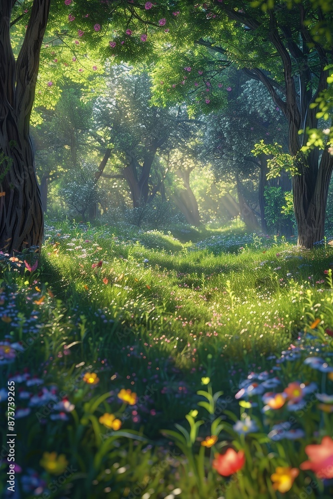 Poster light filters through the canopy of trees, casting dappled patterns on the ground and illuminating p