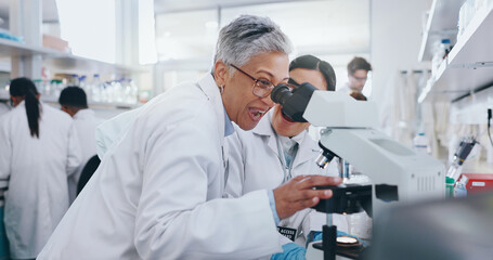 Medical, research and people with microscope, science and check experiment for education. Mentor,...