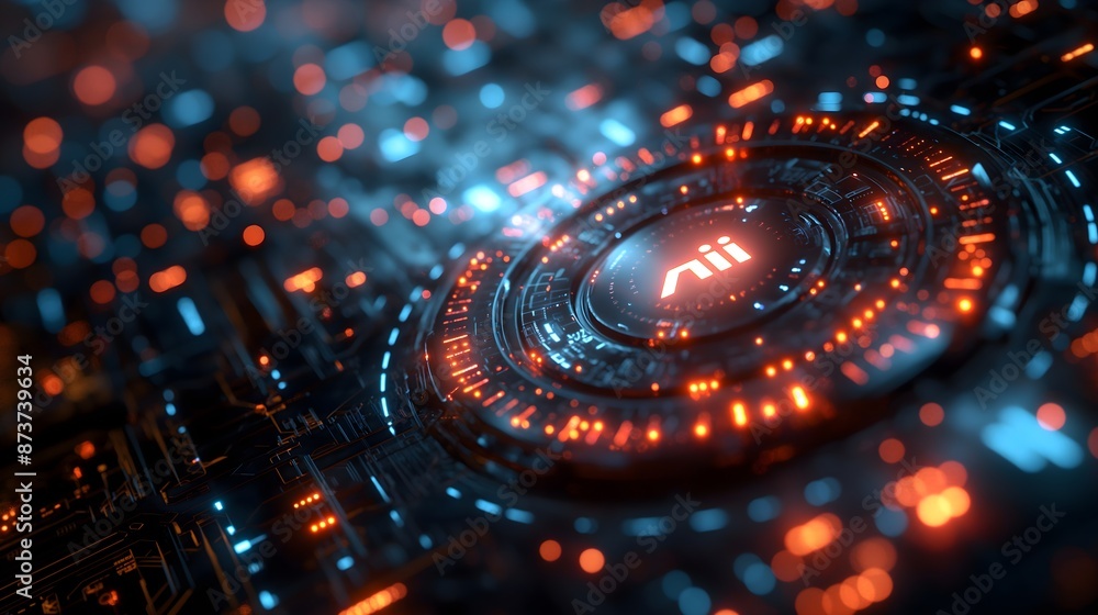 Poster a computer chip with a red dot in the middle. the chip is surrounded by a lot of small dots. ai gene