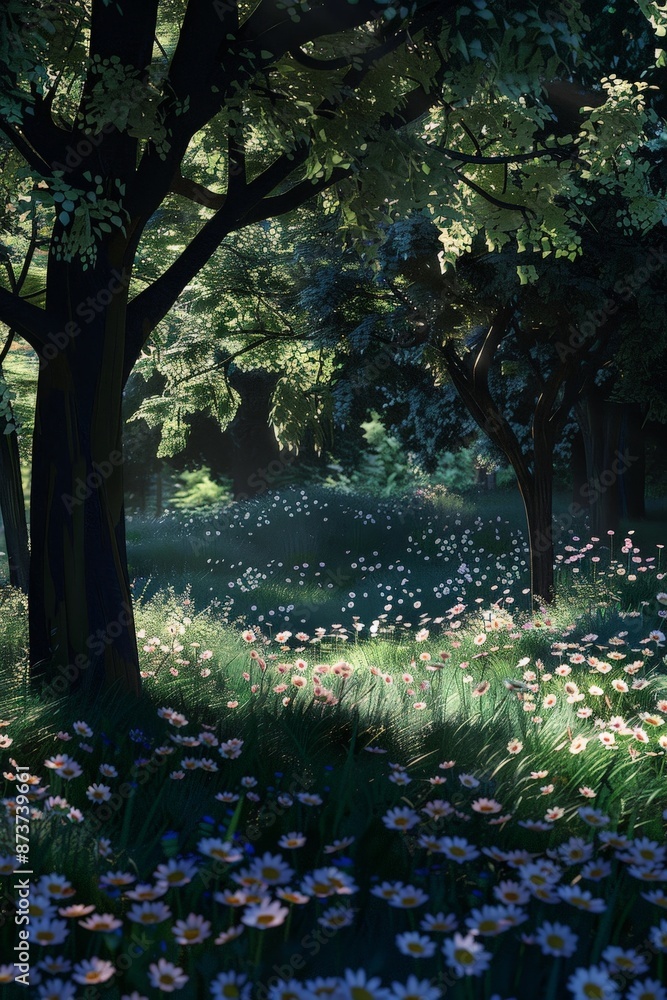 Poster light filters through the canopy of trees, casting dappled patterns on the ground and illuminating p