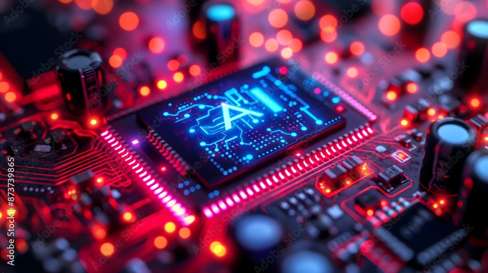Poster a computer chip with a red dot in the middle. the chip is surrounded by a lot of small dots. ai gene