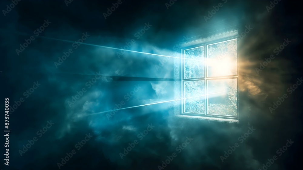 Poster a computer screen with a blue sky background and a window with a bright light shining through it. sc